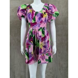Express Dress Womens Small Multi Floral V-Neck Puff Sleeve Poplin Mini Tropical
